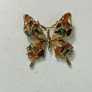 Gold tone multi color butterfly brooch pin rhinestones Made in USA Grandma Core